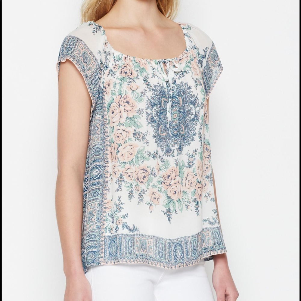 Joie blue and pink taj silk peasant top blouse